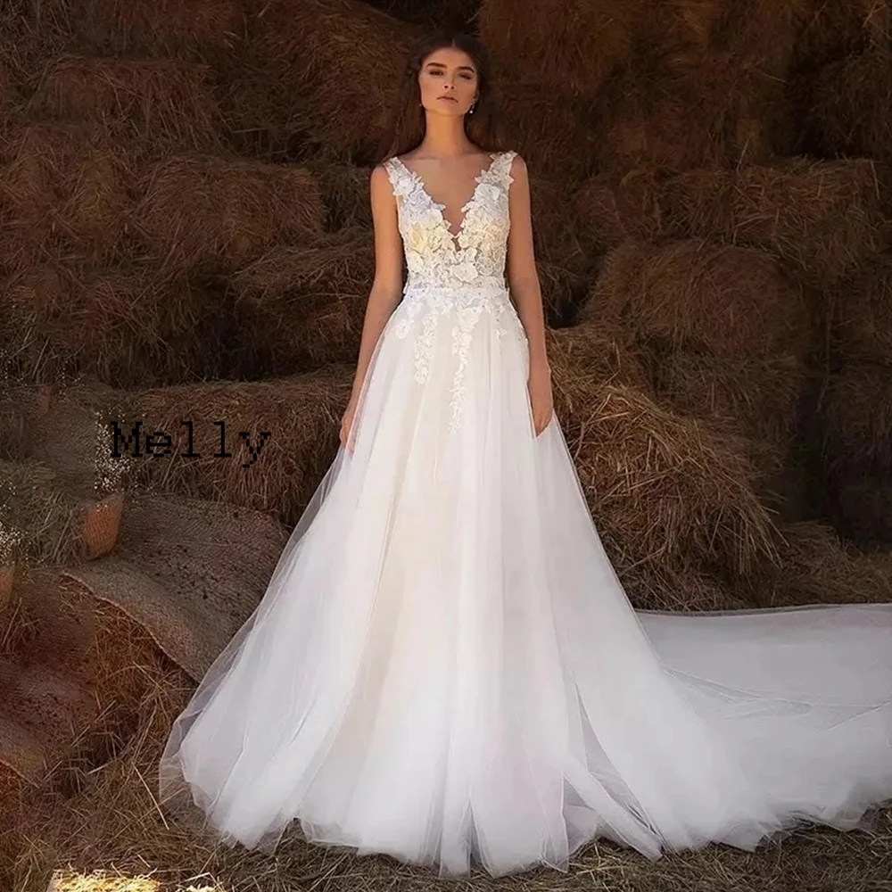 Exquisite V Neck Wedding Dresses for Women Cap Sleeve Bridal Gowns with Lace 2024 Summer New Sweep Train Robe De Soirée Backless