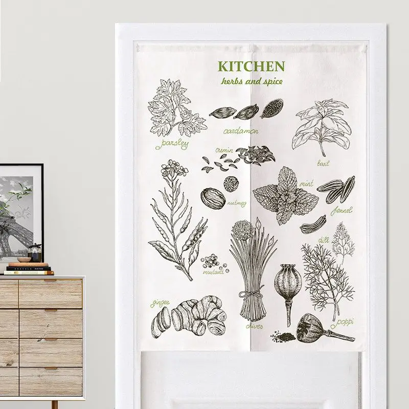 VIKAMA Vintage Herb Spice Sketch Noren Split Door Curtain Room Divider Privacy Curtain for Kitchen Farmhouse Home Decor