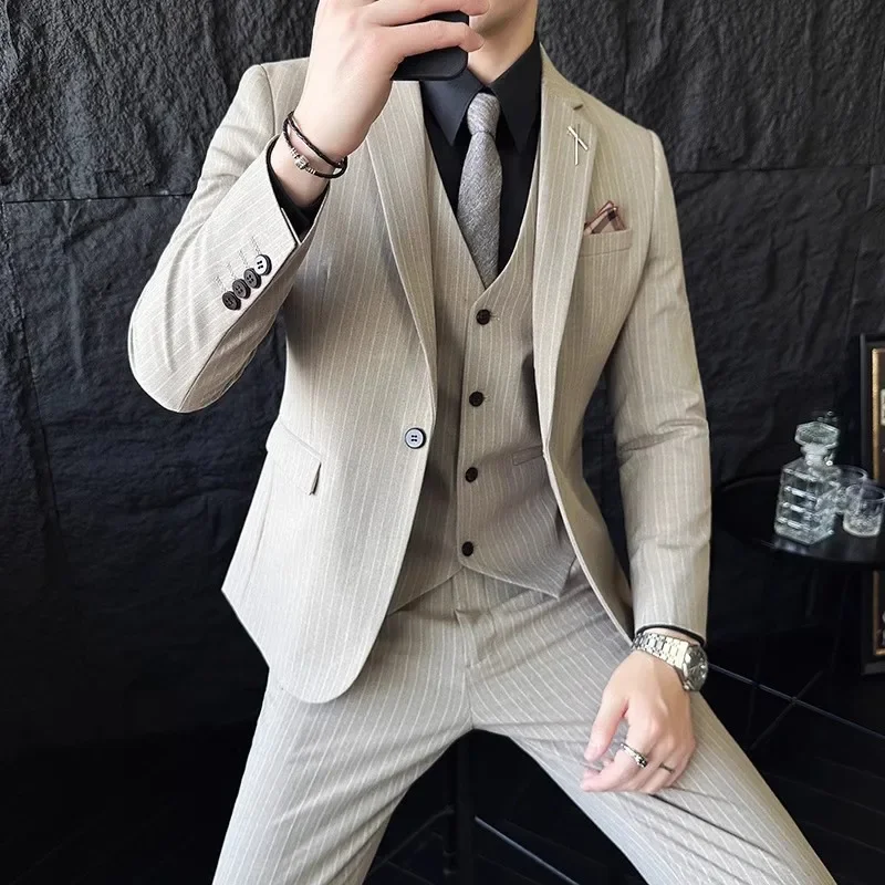 2023 Fashion New Men Casual Boutique Business Striped Slim Fit Wedding Dress Suit Coat Set Male 3 Pcs Blazers Jacket Pants Vest