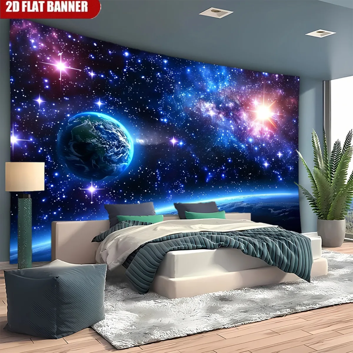 Blue Planet Earth Galaxy Space Tapestry 2DFlat Starry Sky Universe Wall Hanging for Bedroom Living Room Sci FiDecor FabricPoster