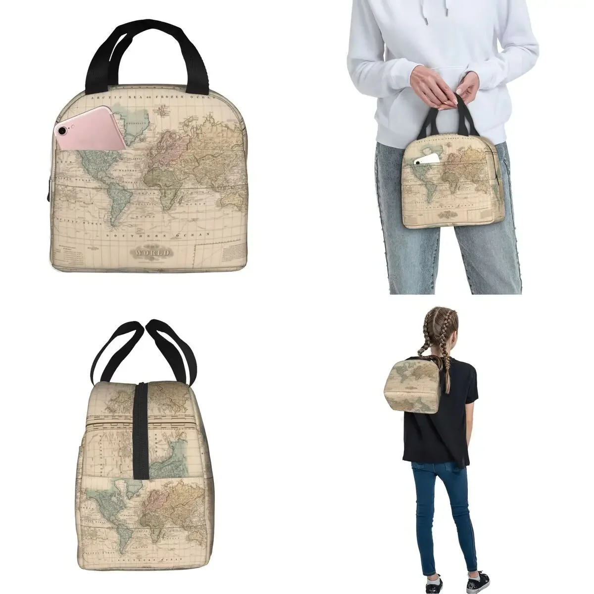 Vintage Map Of The World 1823 Insulated Lunch Bags Cooler Bag Meal Container Leakproof Tote Lunch Box Men Women Work Picnic