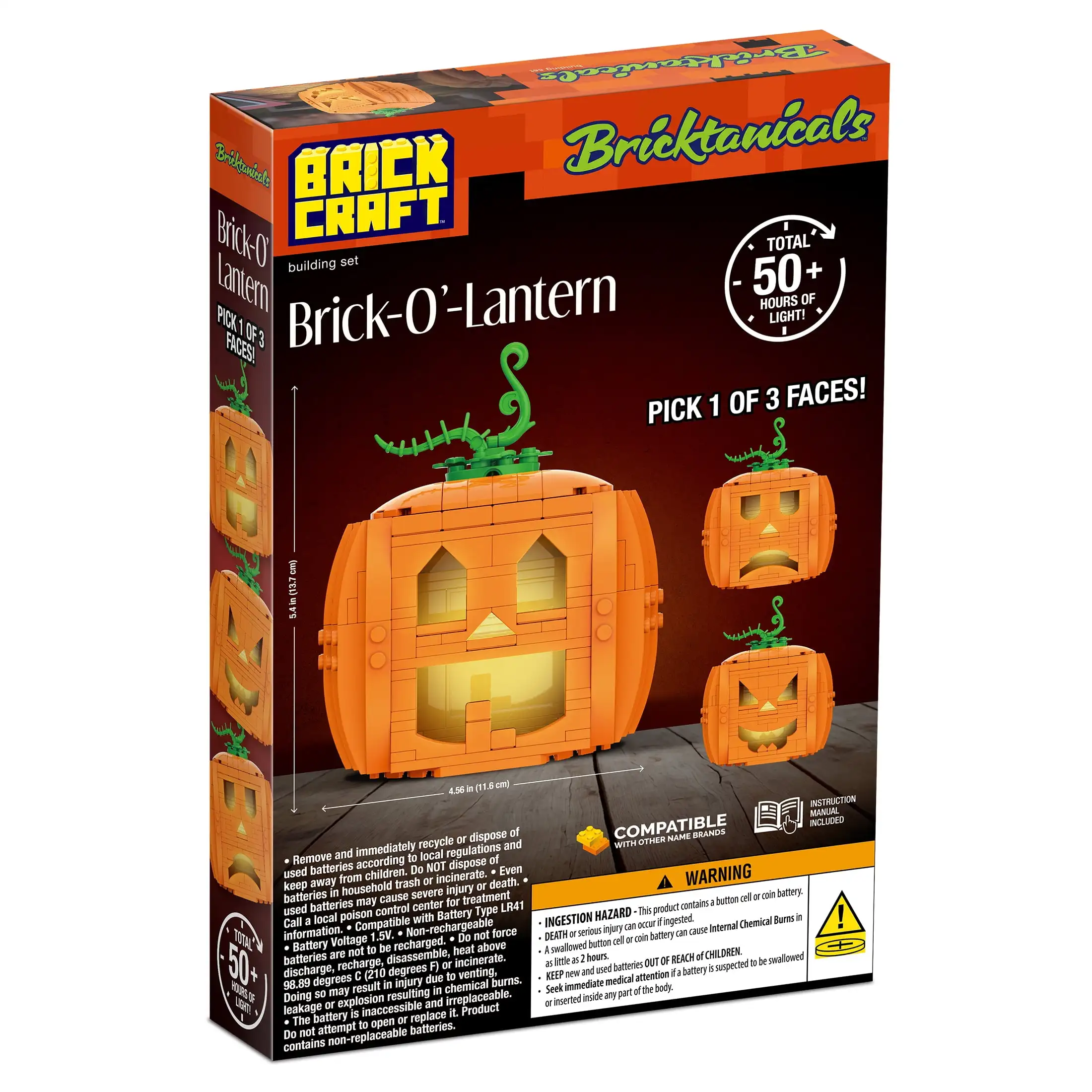 Creative Brick Pumpkin - 233 Pcs 3-Sided Jack-O-Lantern with LED Light, 13.7cm Halloween Build Kit for Family & Party Fun