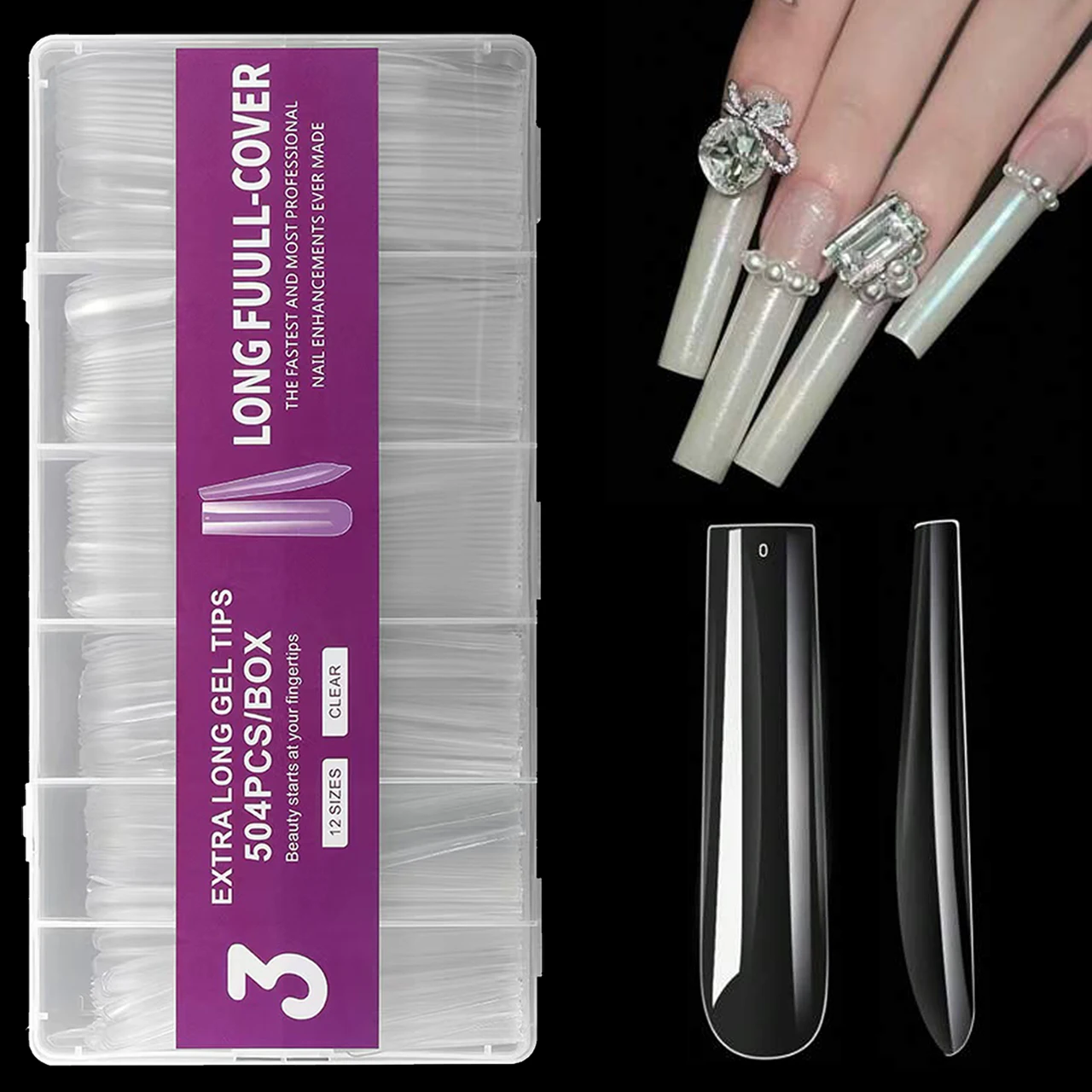 Set di punte per unghie finte trasparenti in acrilico quadrato lungo, kit di punte per unghie finte artificiali a copertura totale da 504 pezzi Premere sulle unghie, 12 dimensioni