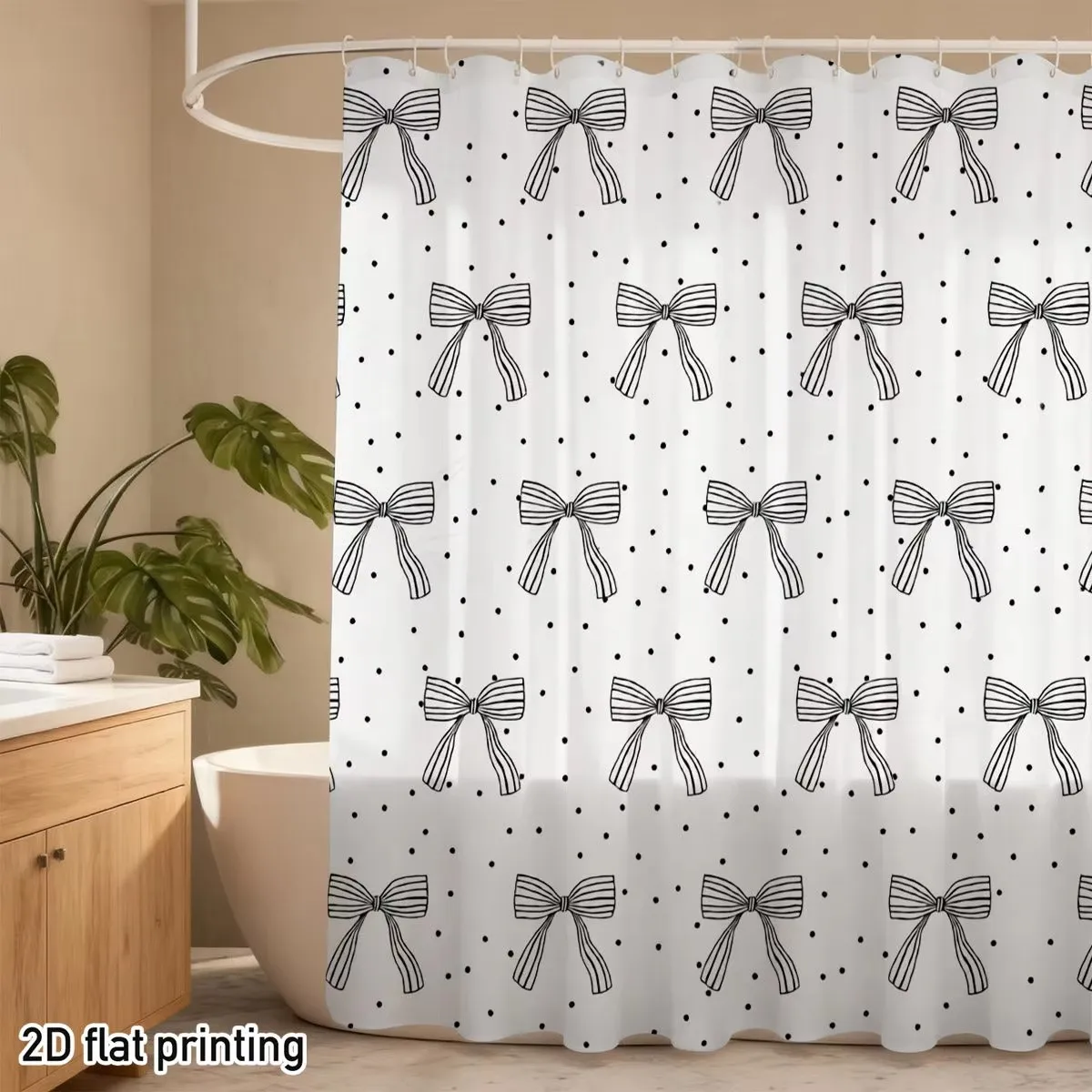 Minimalist Bow Polka Dot Shower Curtain Black Line Art Polyester Bathroom Curtain with Grommets Machine Washable