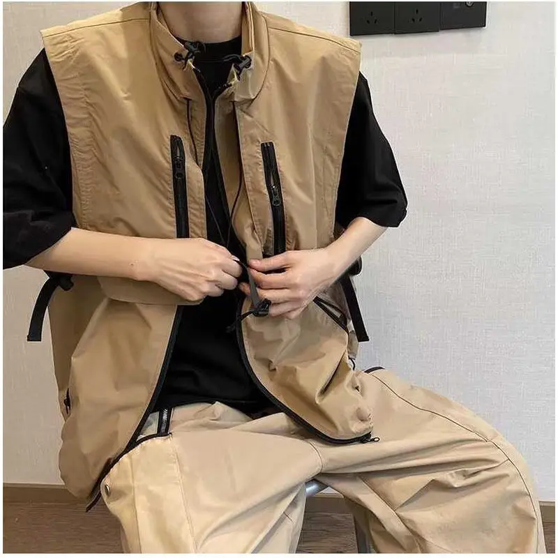 Spring and Autumn 2024 Men's New Patchwork Stand Collar Zipper Pocket Drawstring Fashion Solid Color Loose Sleeveless Vest Coats