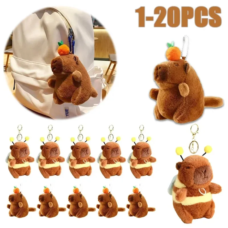 1-10PCS Brown Soft Capybara Key Ring Cross Dressing Funny Plush Bee Pendant Fur Pulling Rope Cartoon Animal Keychain Couple