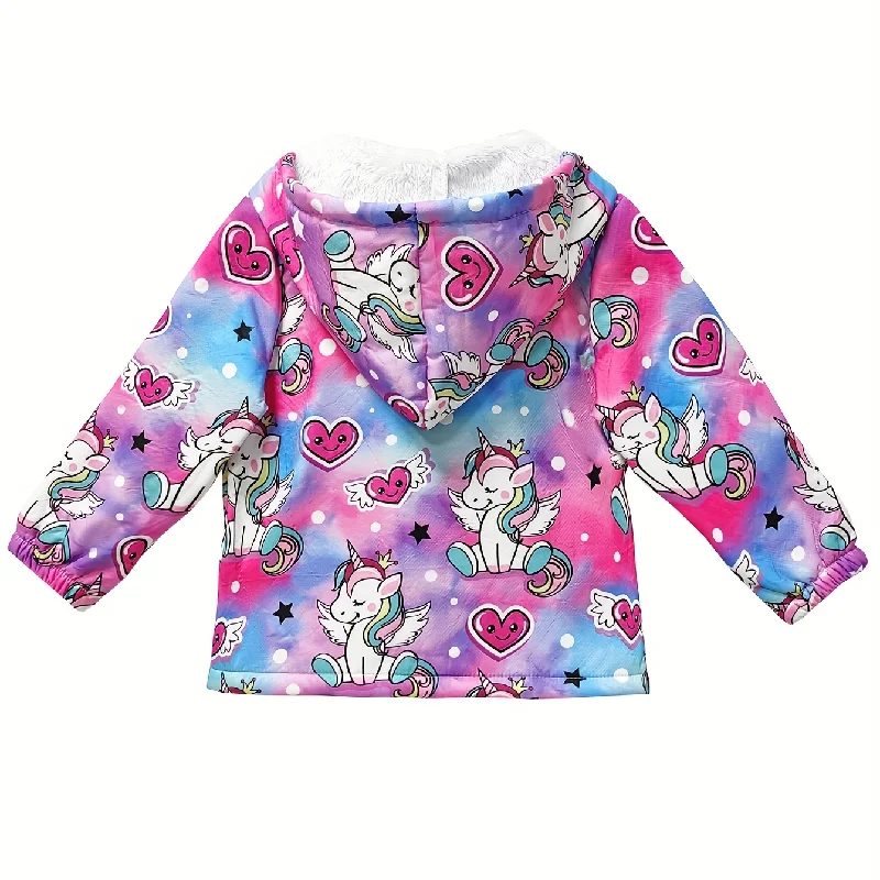 Unisex Cute Unicorn Print Fleece Jacket Hooded Long Sleeve Lapel Warm Autumn Winter Fashionable Versatile Cartoon Jacket