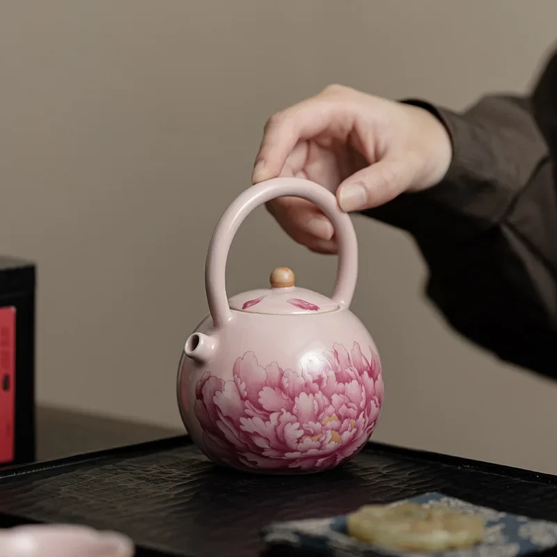 250MLPink Ru Kiln Peony Perfect Beam Pot Open Piece Can Raise Ceramic Teapot Household China Kung Fu TeaSet Teapot Tea Ceremony