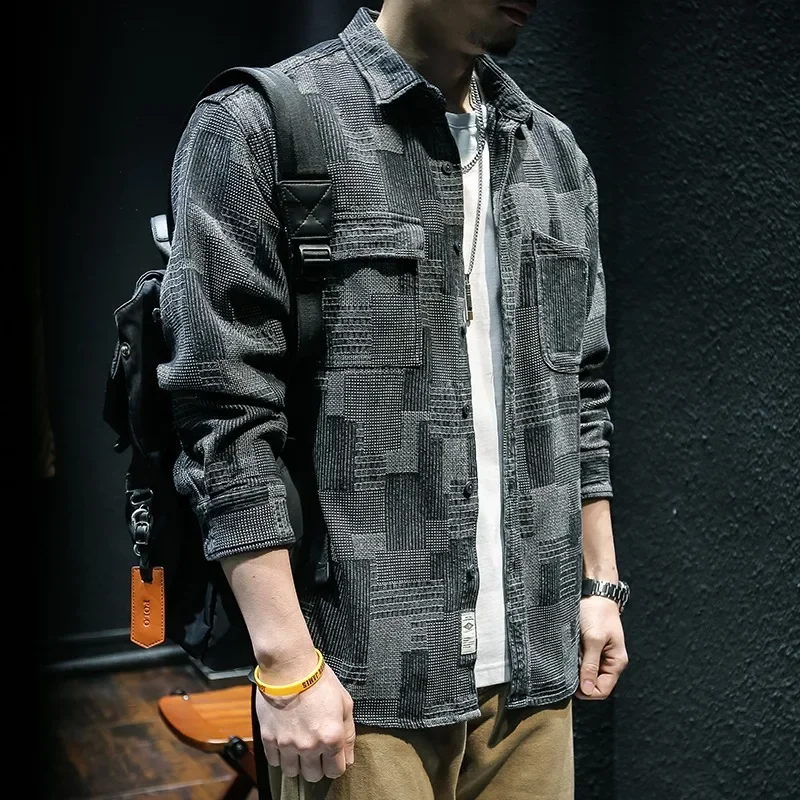 Retro Plaid Long Sleeved Denim Shirt For Men Fashion Loose Cargo Shirt Jacket Coat Y2k Streetwear Korean Trend Men Clothing