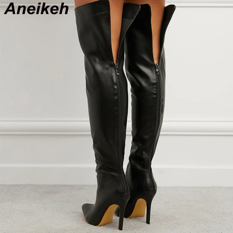 Aneikeh-zapatos largos por encima de la rodilla para mujer, botas modernas de PU con punta estrecha y tacón alto, sexys, novedad de 2024