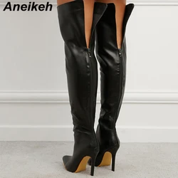 Aneikeh 2024 New Long Shoes for Women Over the Knee Sexy Pointed Toe Thin High Heel Solid PU Modern Boots Bottine Femme Talon