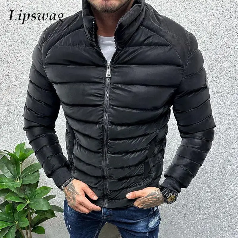 Fall Winter Warm Down Jacket For Men Casual Pure Color Slim Long Sleeve Slim Fit Cotton Padded Coat Mens Leisure Zipper Jackets