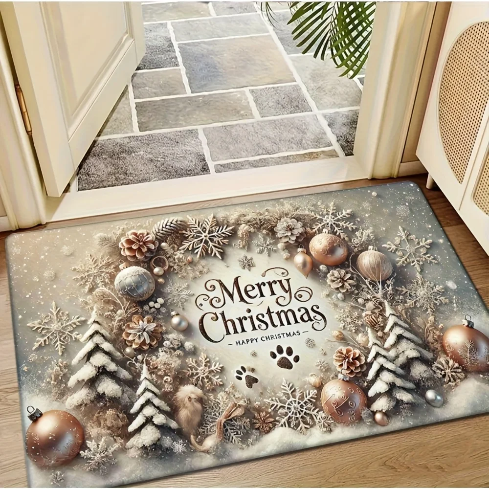 Christmas Doormat Non‑Slip Front Door Rug Washable Indoor Outdoor Xmas Snow Wreath Ball Ornament Winter Decor Mat
