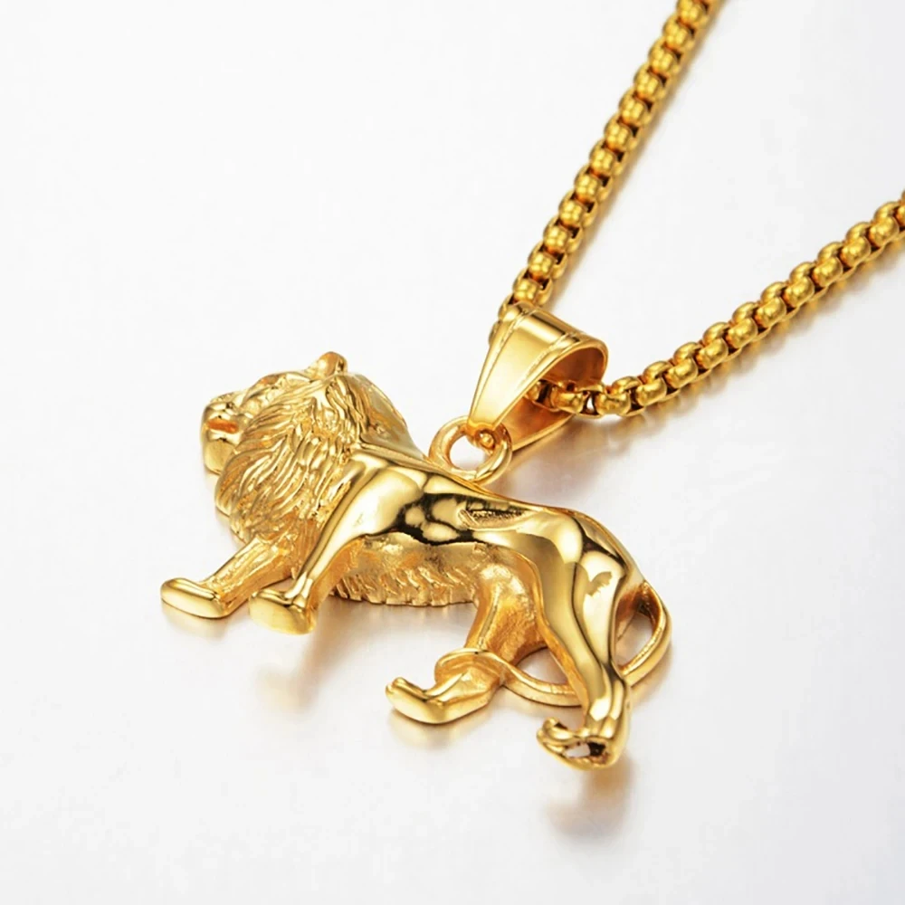 Stainless Steel Lion Necklace for Women/Men,Gold Color Lions Head Pendant Animal Jewelry,Africa Lion Ethiopian Best Gift