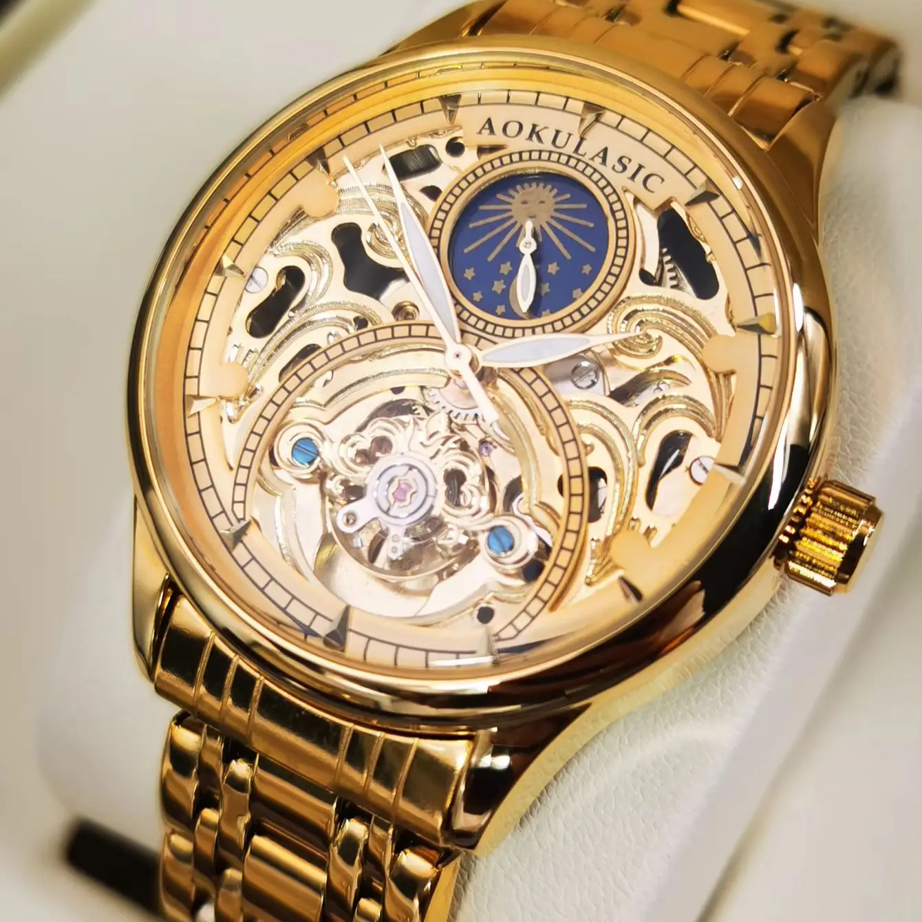 AOKULASIC Luxury Tourbillon Watch for Men Luminous Hands Stainless Steel Strap Moon Phase Skeleton Automatic Mechanical Watches