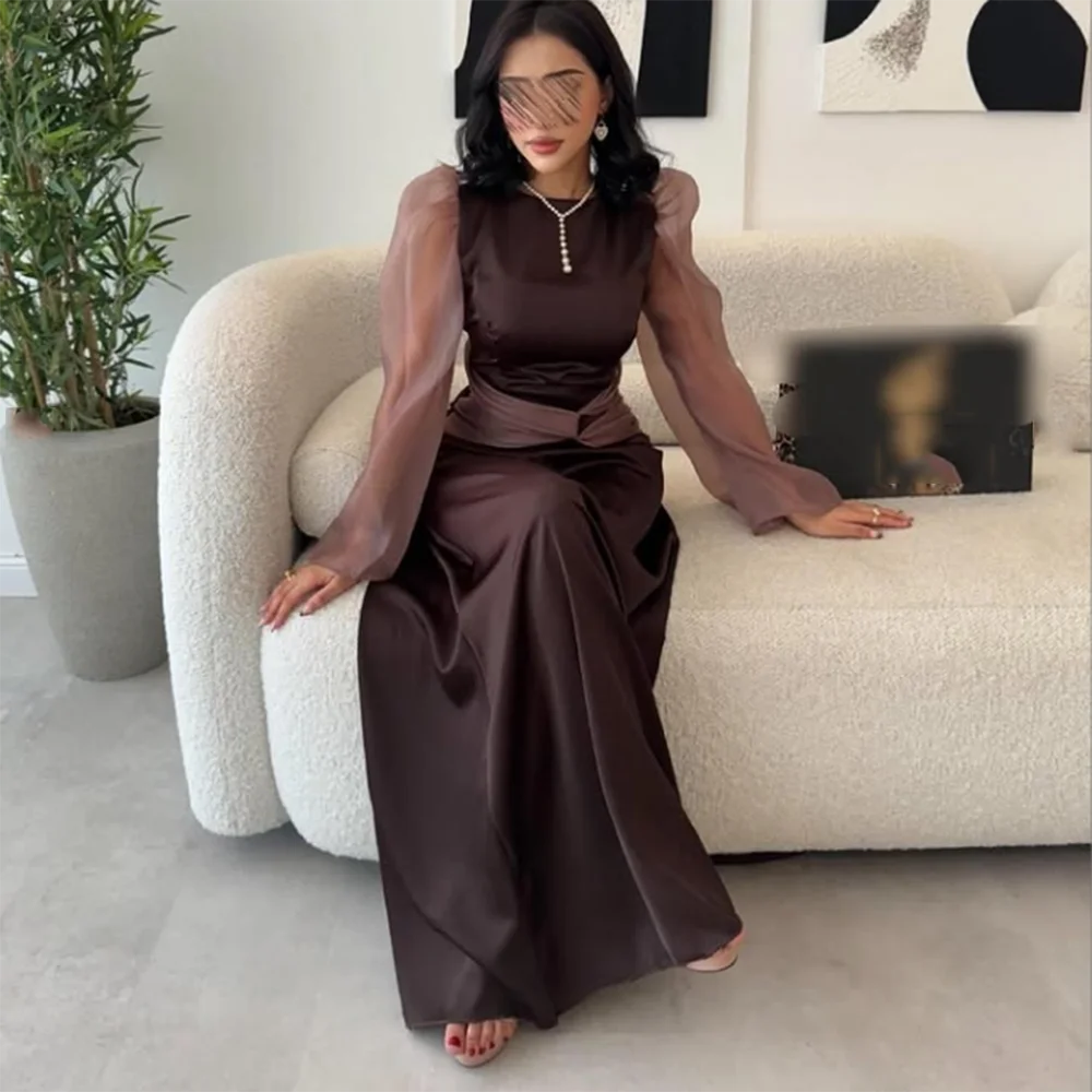 

Customized O-Neck Evening Dresses Full Sleeve Modern Pleat Floor-Length A-Line Satin Prom Gown Modern Long Party Dress