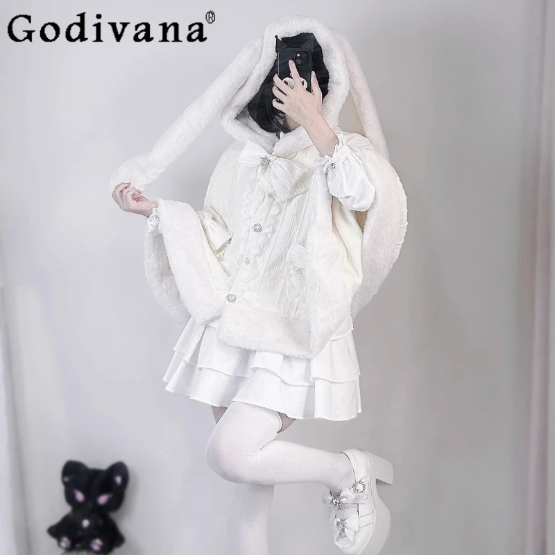 

Japanese Girls Sweet Lolita Hooded Cloak Autumn and Winter Subculture Mine Women's Warm Thickened Plush Jacket Y2K Capes Ponchos