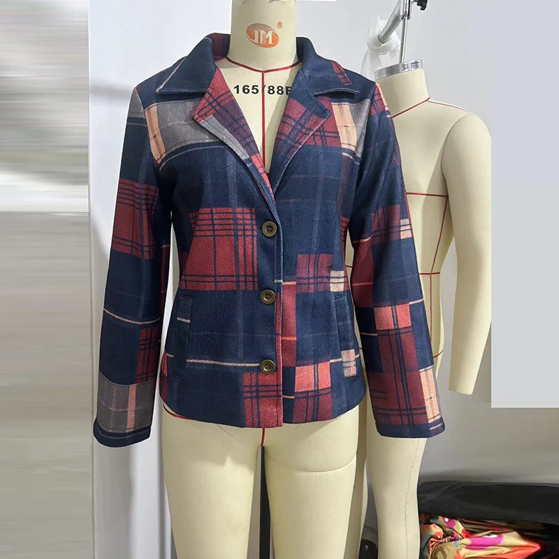 

Красные клетчатые куртки с принтом для женщин, модные пиджаки с длинными рукавами и пуговицами, женское осенне-зимнее пальто с отложным воротником