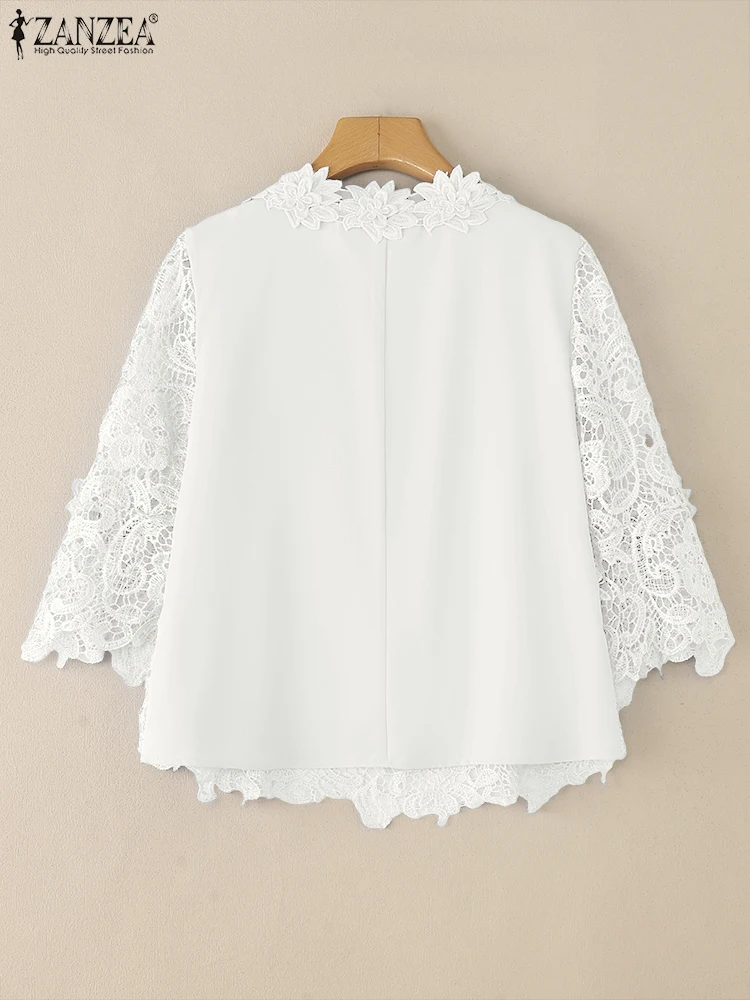 ZANZEA Summer Lace Crochet Shirts Stylish Women Embroidered Blouse Bohemain Holiday Tops Tunic 3/4 Sleeve Patchwork Work Blusas