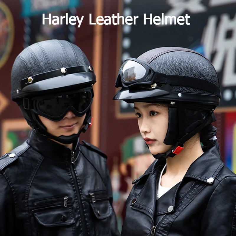 

Men Women Motorcycle Helmet Half Helmet Riding Racing Equipment Electric Bicycle Scooter With Goggles Supplies Retro Moto Helmet