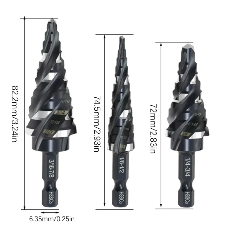 Conjunto brocas passo grau industrial, 3 peças, impacto haste 1/4 polegadas, aço velocidade,