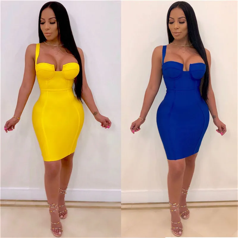 Sexy Mini Bodycon Club Party Dress donna Spaghetti Strap senza spalline Summer Bandage Dresses Short Slim Yellow Elegant Club Dress