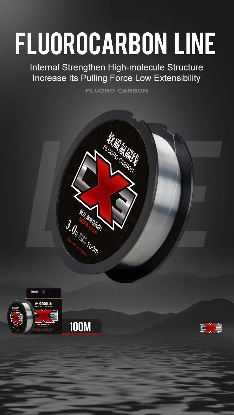 Kingdom CX3 Fluorocarbon Angelschnur 100m Super Glatte Steife Monofilament-Vorfachschnur Unsichtbare Sinkende Angelschnur – Detail 1