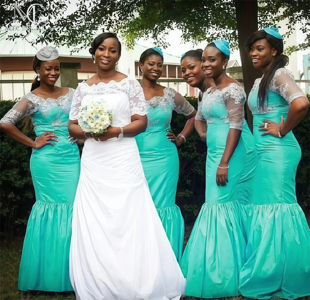 Long Elegant Mermaid Mint Green Bridesmaid Dresses Half Sleeves White Appliques Satin Black Women Wedding Party Gowns Cheap