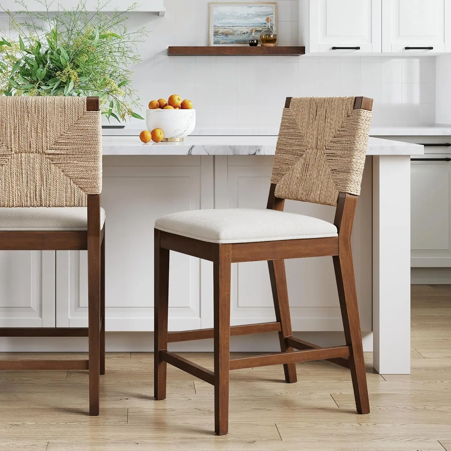 

Beacon Bohemian Boucle Bar Stool, Upholstered Bar Stool or Island Chairs for Kitchen, Seagrass Counter Height Stool with Back
