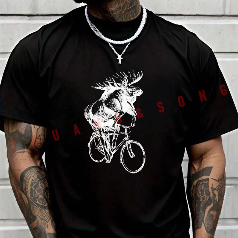 

Мужская футболка с принтом Moose On Bicycle, повседневная одежда, высококачественная мужская футболка с круглым вырезом и короткими рукавами, S-3xL