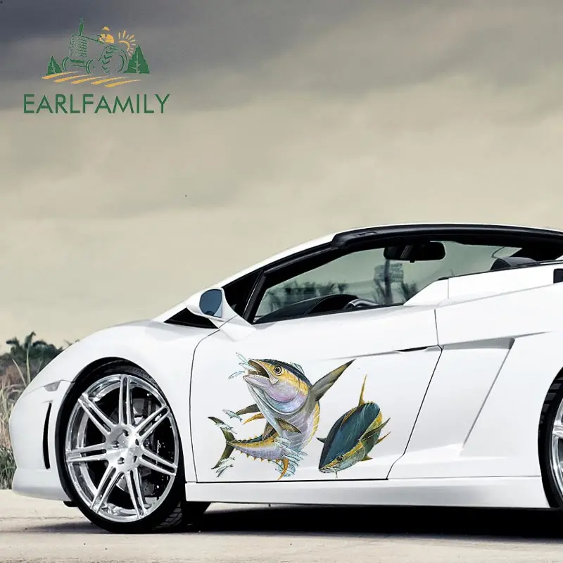 EARLFAMILY 43cm x 30.4cm Car Sticker Yellow Fin Tuna Flying Fish 3D Car Styling Vinyl Graphic Decor Waterproof Car Body Decal