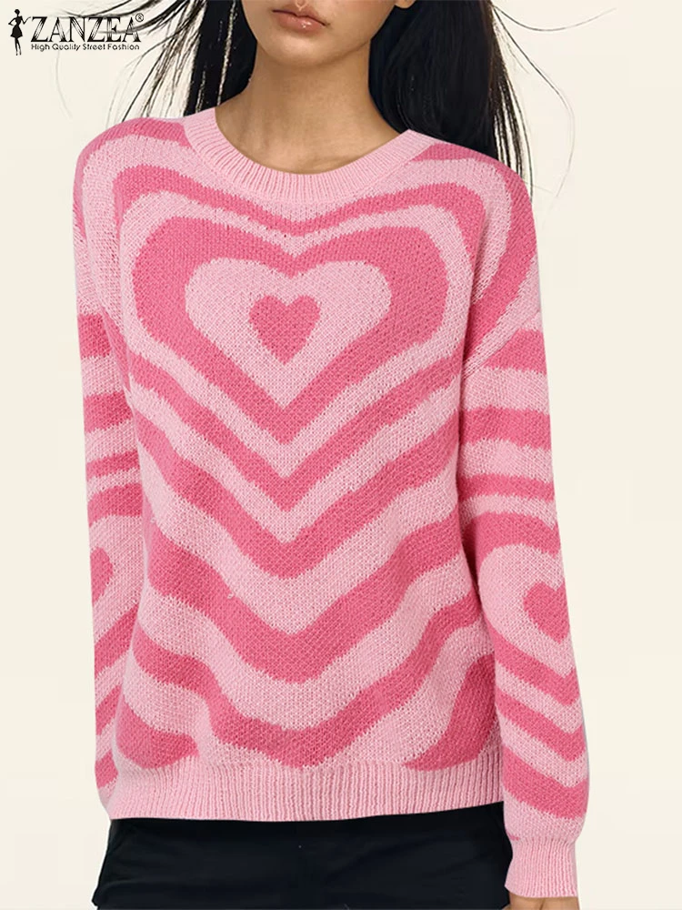 Otoño Invierno mujeres suéteres ZANZEA moda manga larga corazón rayas suéter jerseys Casual de punto jerseys Tops Overize 2024