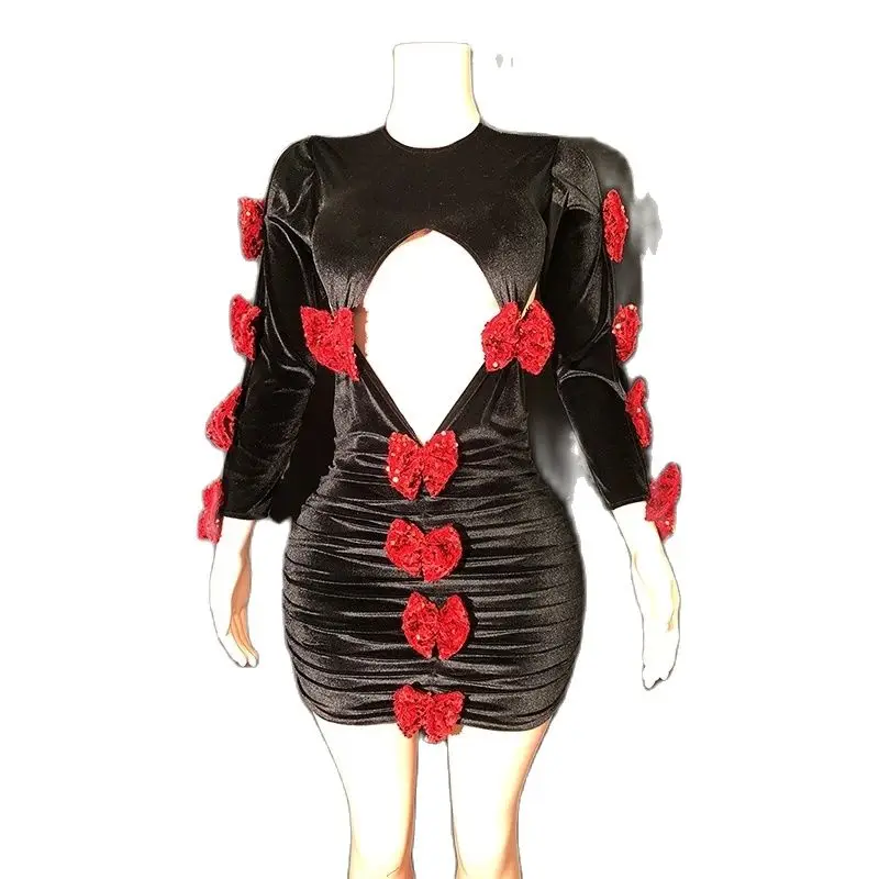 Robe de Soirée en Velours Noir à Paillettes Rouges pour Femme, Costume de Bal, Tenue de Spectacle sur Scène, XS7398