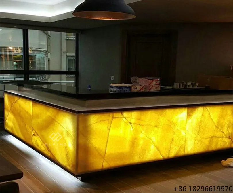 Backlit Brown Agate LED I Shape Bar Counter Customized for Restaurant Nightclub Wine Bar
