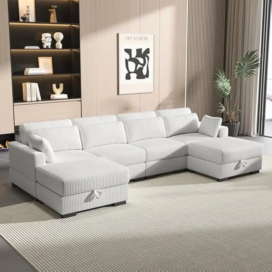 Modular Reversable Sectional Sofa,Oversized Convertible L & U Shaped Couch, Corduroy Fabric w/2 Storage Bench &9 Cushion Pillows