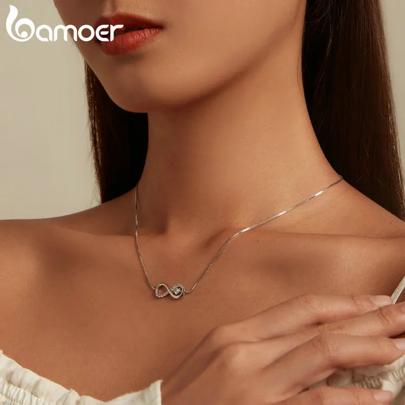 bamoer Infinity Love Family Forever Short Chain Necklace for Women Clear CZ 925 Sterling Silver Fashion Jewlery SCN352