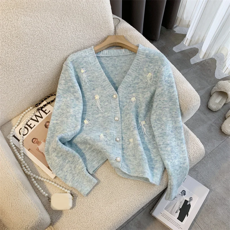 

Blue Cardigan Pullover Women's Clothing Knitting Sweater Cashmere Vintage NEW Jacket V-neck Fashion Baggy Female Autumn Tops