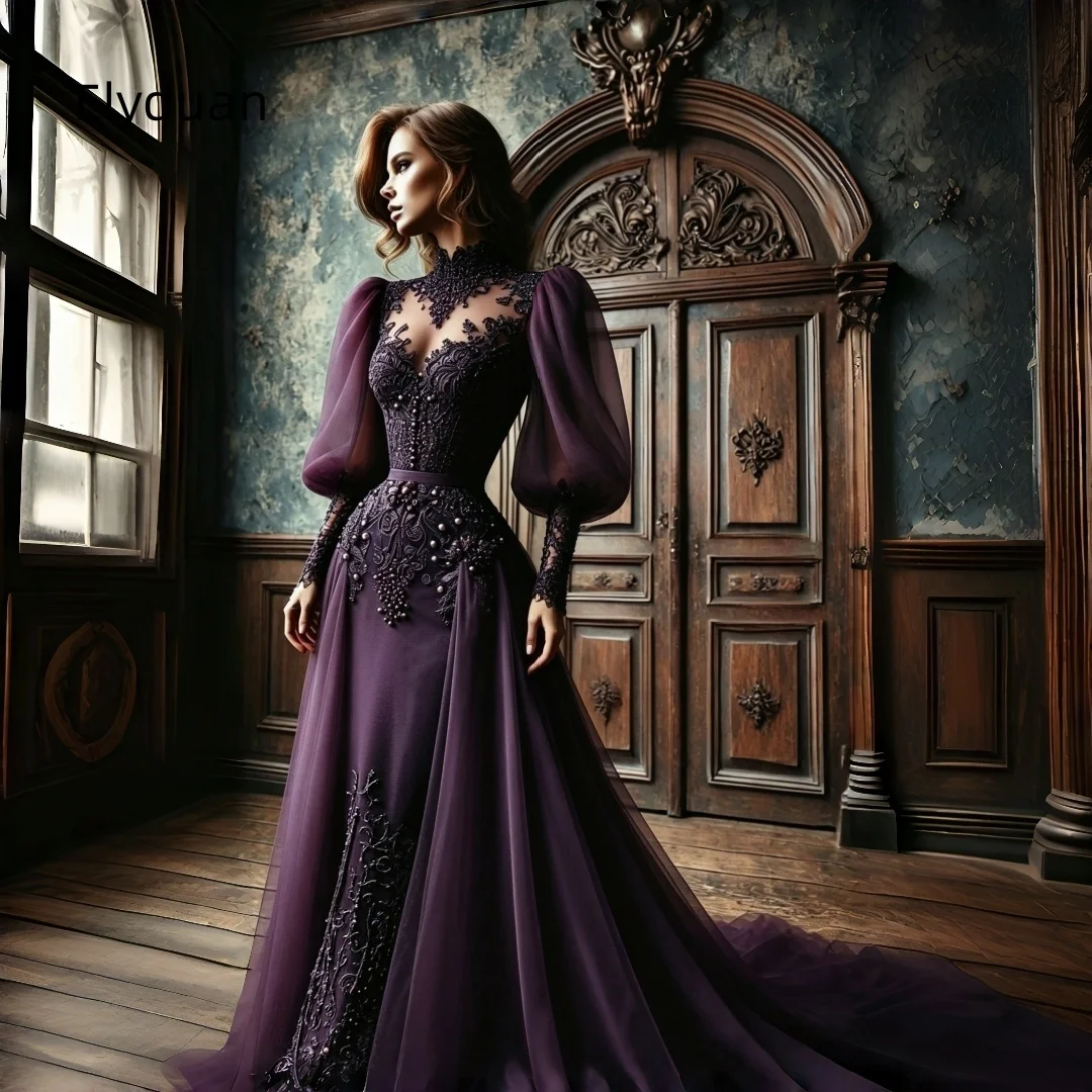 Dark Purple Gothic Mermaid Wedding Dress High Neck Puff Lantern Sleeve Lace Beaded Appliques Tulle Vintage Bride Gown Customized