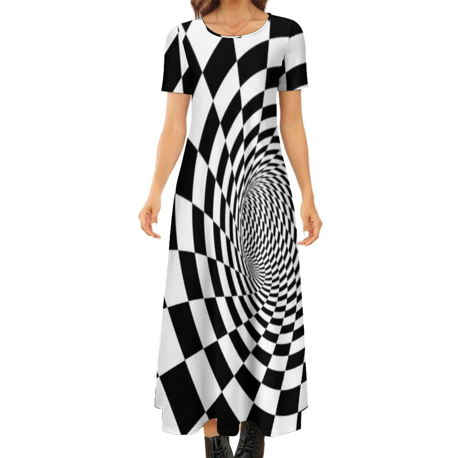 

Checkered Vortex Round Neck Short Sleeve Dress dresses for official occasions womans clothing