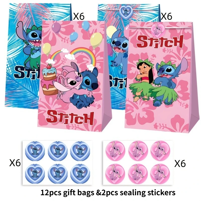 12pcs Stitch & Angel Gift Bags, Folded Top Design, Ideal for Birthday & Festival Party Gift Packaging & Storage