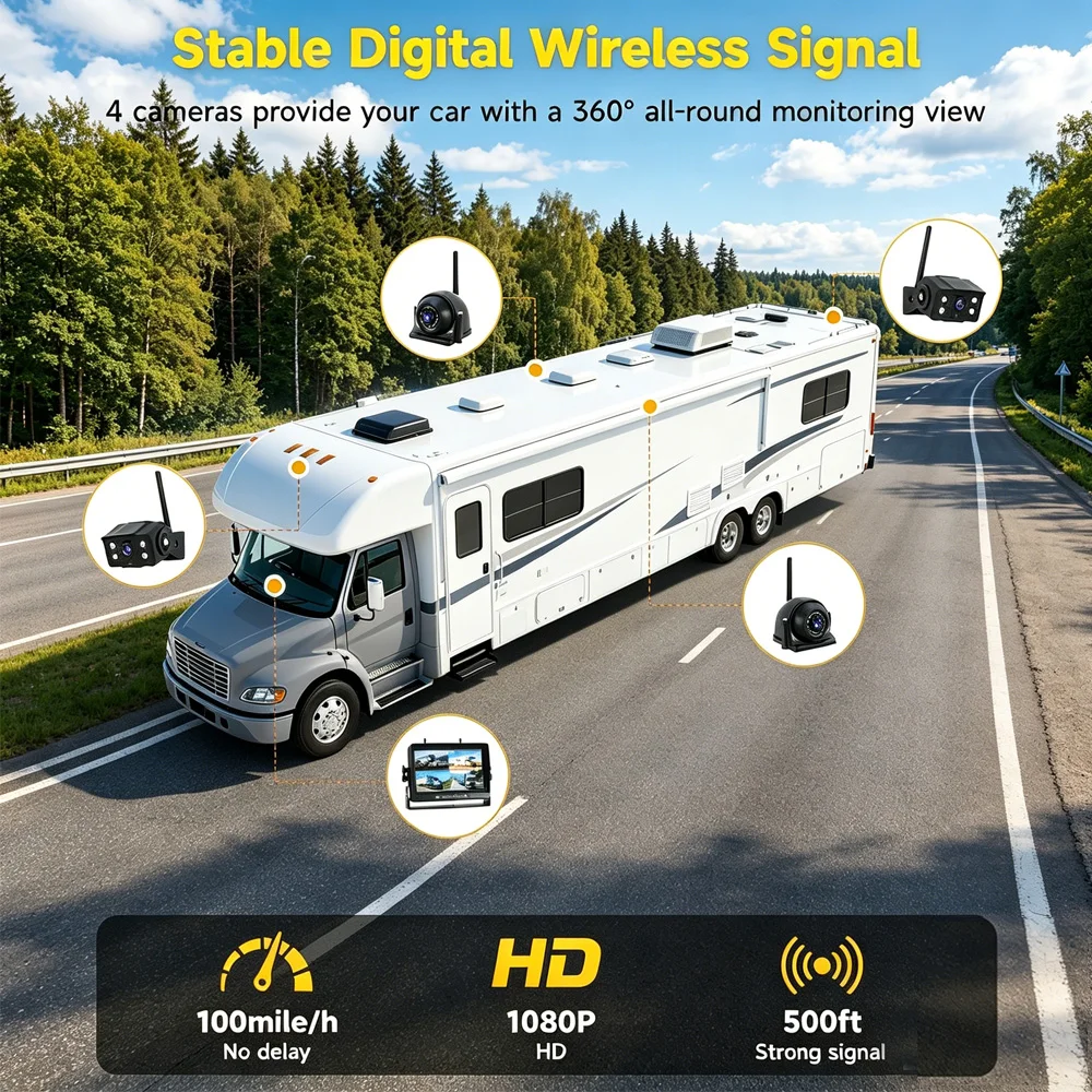 Airow auto Wireless RV Backup Camera System DVR Monitor Waterproof Night Vision Side/Rear View Cameras Trailer/Truck/Camper