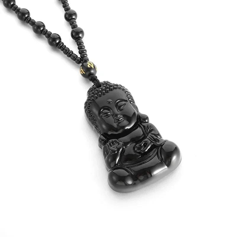 Obsidian Buddha Statue Pendant Gautama Buddha Crystal Necklace Men and Women Buddhist Amulet Prayer Jewelry