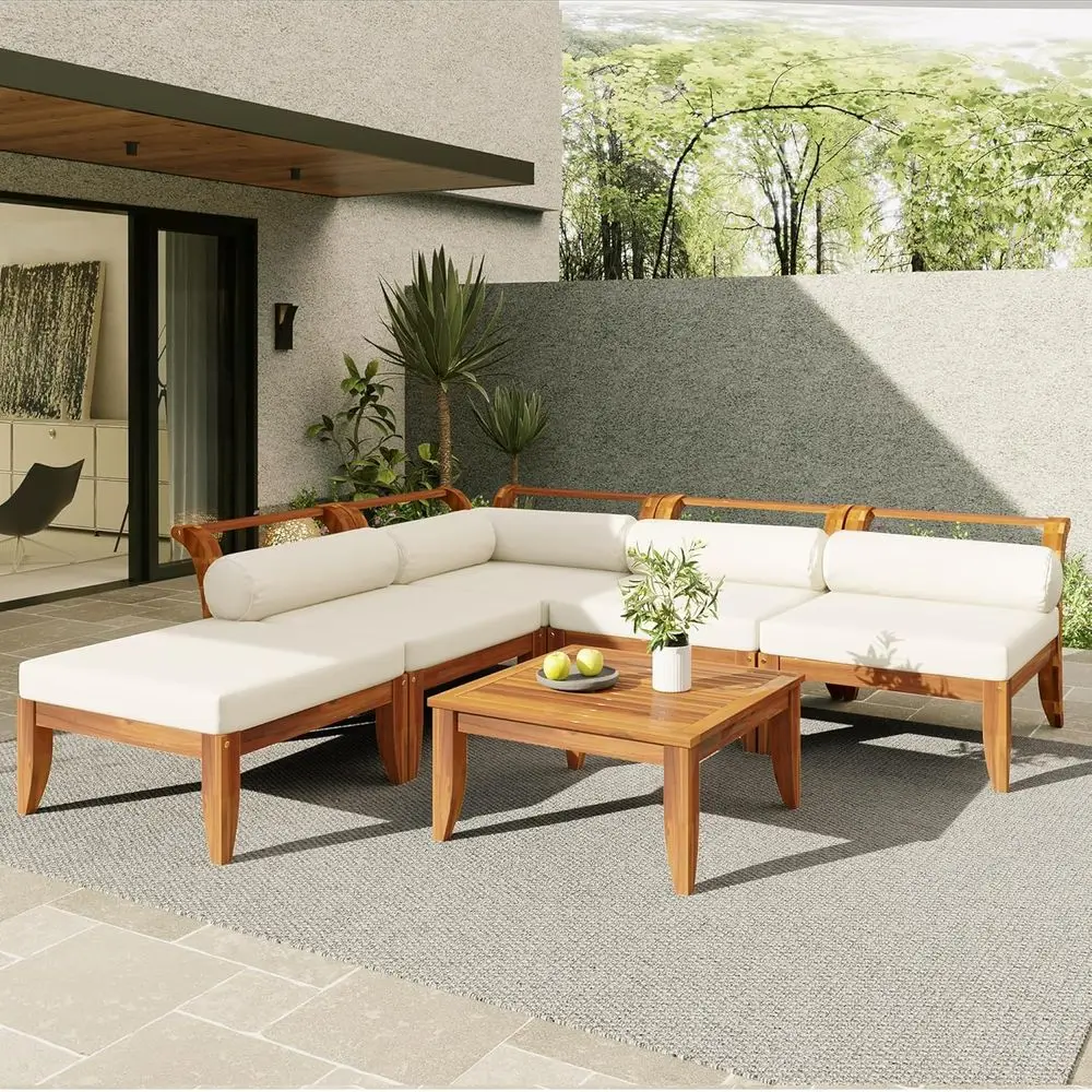 

L-Shaped Acacia Wood Outdoor Sectional Furniture Set with Tea Table, Ottoman, 5 Cushions, and Pillows for Patios, Poolsides, Gar
