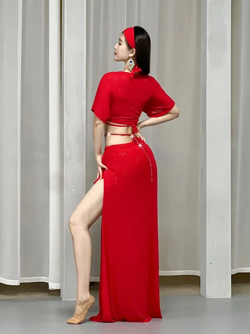 Costumes de spectacle de danse du ventre pour femmes, haut + jupe, vêtements de danse sur scène, vêtements d'entraînement