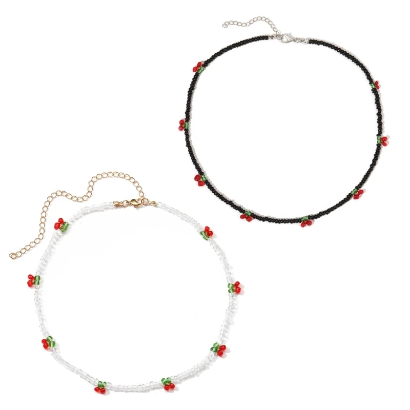Böhmische Perlen-Halskette mit roten Kirschen für Frauen, niedliche handgemachte Früchte, Samenperlen, transparente Halsketten, Boho-Schmuck – Detail 4