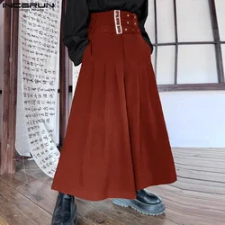 2024 Men's Wide Leg Pants Solid Color Pleated High Waist Casual Trousers Men With Belt Loose Streetwear Fashion Pants INCERUN