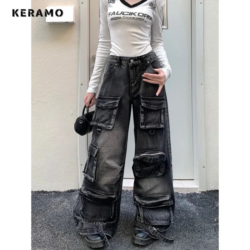 Grunge High Street Retro High Waist Club Trashy Jeans Women's Y2K Belted 2000s Denim Trouser Washed Vintage Casual Classic Pants