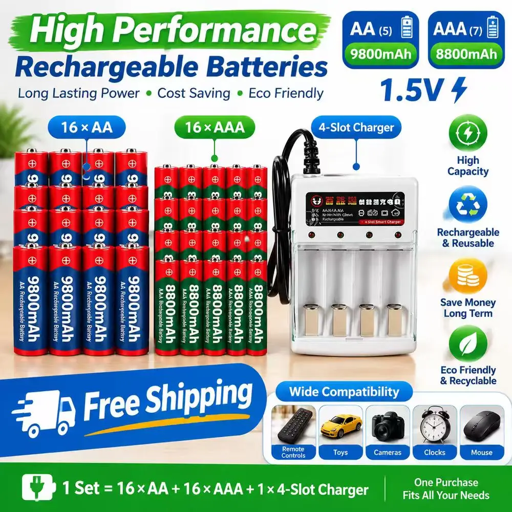 1,5V AA 9800mAh AAA 8800mAh Wiederaufladbare Batterien + Smart-Ladegerät-Kombi-Set, Langlebige Stromversorgung für Radio, Taschenrechner, Spielzeug und andere elektronische Haushaltsgeräte, 3-7 Tage