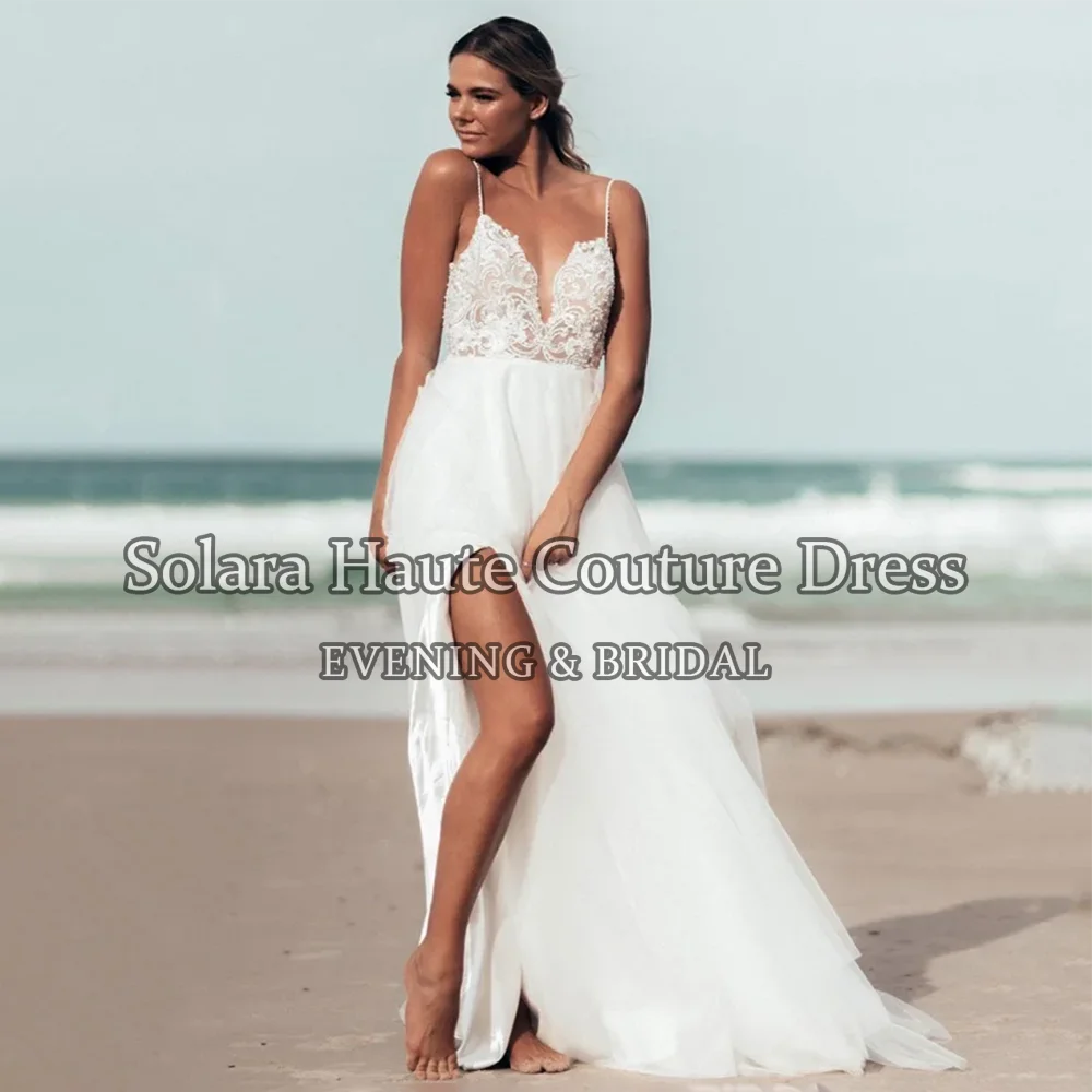 2026 Beach Wedding Dresses Split Customized Boho Spaghetti Straps Deep V Neck Beading Pearls Applique Customize To Measures