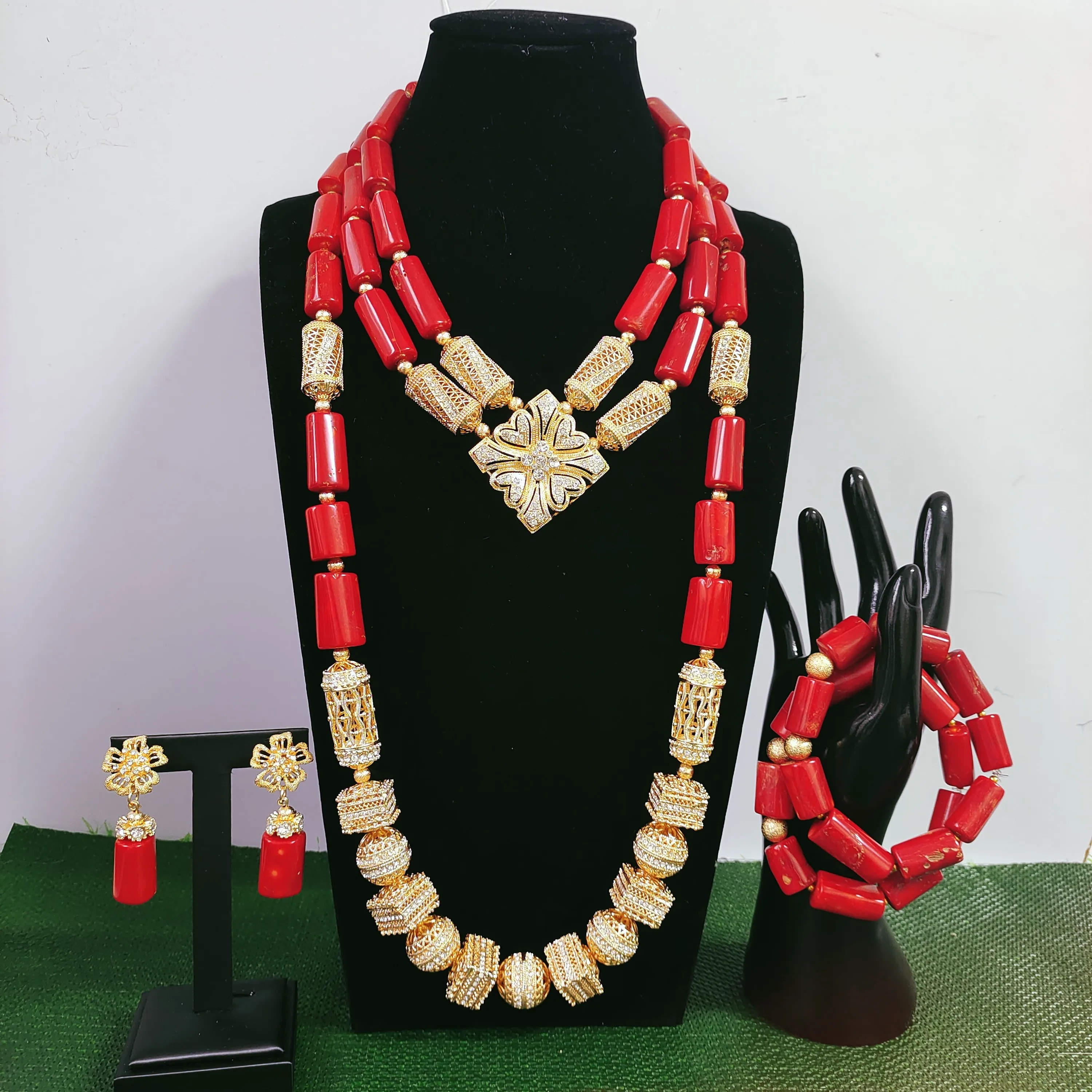 Orange/Red/White Real Coral Jewelry Set Nigerian Wedding African Fashion Necklace Sets